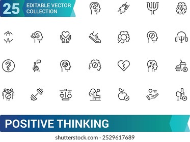 Positive thinking line icons set. UI icon collecton in outline style. Minimal thin icon pack. Editable stroke, Pixel perfect, vector illustration.