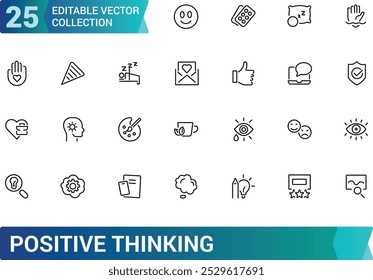 Positive thinking line icons set. UI icon collecton in outline style. Minimal thin icon pack. Editable stroke, Pixel perfect, vector illustration.