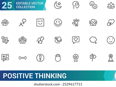 Positive thinking line icons set. UI icon collecton in outline style. Minimal thin icon pack. Editable stroke, Pixel perfect, vector illustration.