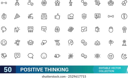 Positive thinking line icons set. UI icon collecton in outline style. Minimal thin icon pack. Editable stroke, Pixel perfect, vector illustration.