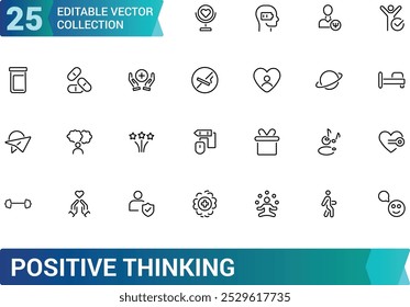 Conjunto de ícones de linha de pensamento positivo. Coleção de ícones da interface do usuário no estilo de estrutura de tópicos. Minipacote de ícones finos. Traçado editável, Pixel perfeito, ilustração vetorial.