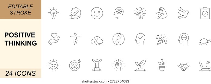 Conjunto de ícones de linha de pensamento positivo. Com esperança, gratidão, confiança, paz, alegria, crescimento, coragem e motivação. Projetado para inspirar bem-estar, harmonia e vida consciente. Traçado editável.