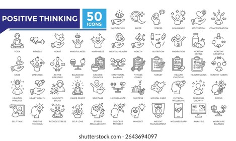 Positive thinking lineal icon set collection. This set includes mental health, meditation, inner peace, yoga, healthy lifestyle and more icons in lineal style. Vector icons collection for infographics