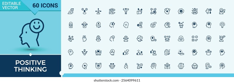 Positive Thinking linear icon collection. Related to healthy, celebrate, emot, person, mind, positive, optimism, laugh. Minimal linear icons. Solid line editable stroke. Vector line and solid icons.