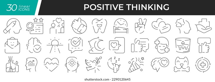Lineare Icons mit positivem Denken setzen. Sammlung von 30 Symbolen auf Schwarz