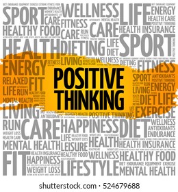 Positive thinking - means that you approach unpleasantness in a more positive and productive way, word cloud concept background
