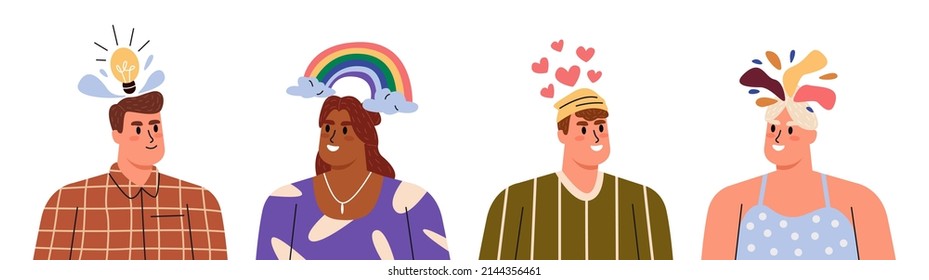Positive thinking and mental health concept with people portraits. Open head with happy and creative thoughts, rainbow and hearts set. Mental health positive. Vector illustration
