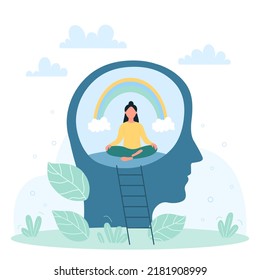 Positive Thinking, Mental Health, Mind Balance Vector Illustration. Cartoon Happy Tiny Person Sitting And Meditating In Lotus Position And Rainbow Inside Abstract Human Head, Wellbeing Of Personality