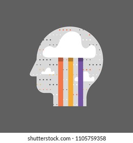 Positive thinking and mindfulness, brainstorm concept, creativity and imagination, mental wellbeing and happiness, good mood, vector icon, flat illustration