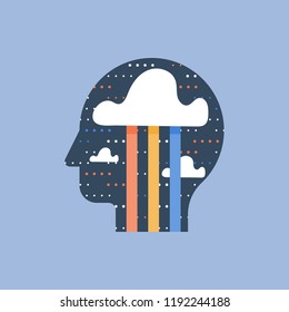 Positive Thinking And Mindfulness, Brainstorm Concept, Creativity And Imagination, Mental Wellbeing And Happiness, Good Mood, Vector Icon, Flat Illustration