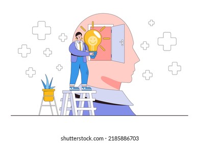 Positive thinking mindset, optimistic or good attitude bring success to work, always have solution in mind for any issues concepts. Businessman insert bright lightbulb with smile symbol into his head.