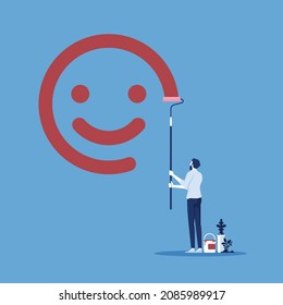 Positive thinking and motivation concept, businessman paint ing smile face on wall with roller vector illustration