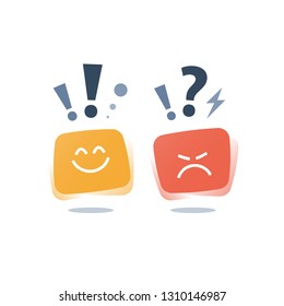 Positive thinking, negative emotion, bad experience, good feedback, happy or unhappy customer, poor service quality, attitude concept, opinion poll sociology, vector icon, flat illustration