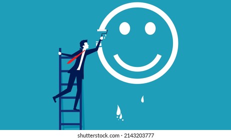 pensamiento positivo o optimismo. escaleras de escalada pintura de cara feliz en la pared
