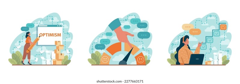 Positive thinking and optimism concept set. Employee motivation and determination. Business ambition and confidence. Psychology idea. Flat vector illustration
