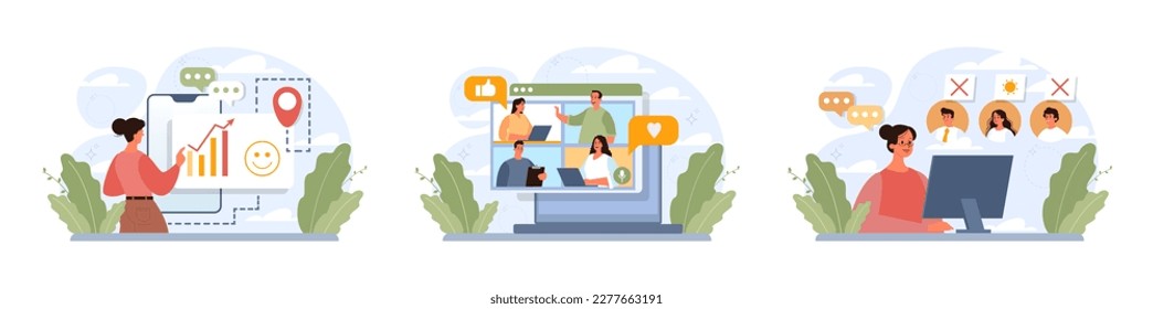 Positive thinking and optimism concept set. Employee motivation and determination. Business ambition and confidence. Psychology idea. Flat vector illustration