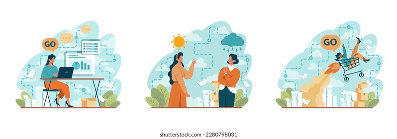 Positive thinking and optimism concept set. Employee motivation and determination. Business ambition and confidence. Psychology idea. Flat vector illustration