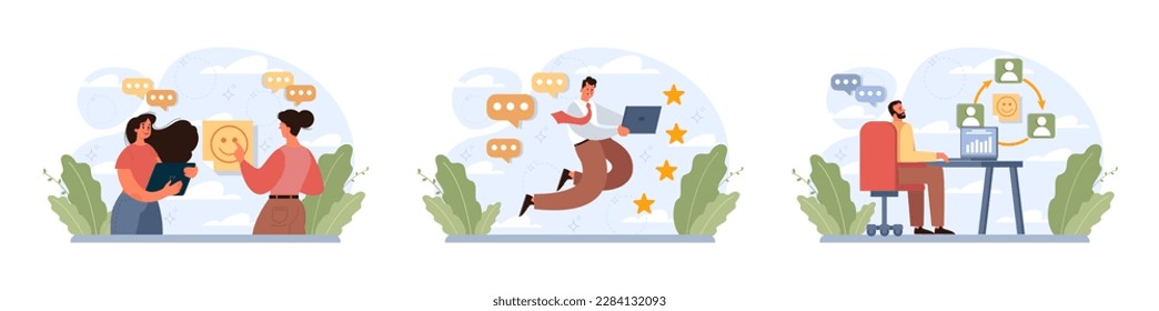 Positive thinking and optimism concept set. Employee motivation and determination. Business ambition and confidence. Psychology idea. Flat vector illustration