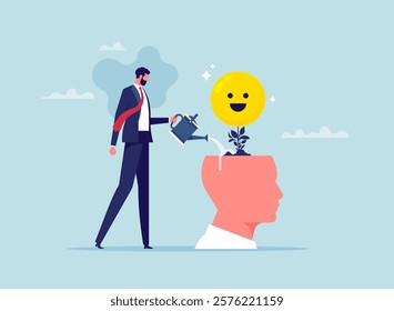 Positive thinking or an optimistic attitude concept. Man watering on head with watering can. Conscious optimist. Good mood and happy. Symbol good thoughts. Healthy mentality