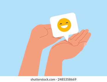 Positive thinking, or an optimistic attitude. Increased emotional intelligence. Happy face smiling comment on speech bubble. Modern vector illustration in flat style