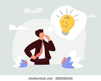 Pensamiento positivo, mentalidad optimista o buena actitud hacia el éxito en el trabajo, siempre tener idea para resolver cualquier concepto de problema, empresario feliz sosteniendo una sonriente idea de bombilla con vibraciones positivas alrededor.