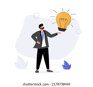 Positive thinking, optimistic mindset or good attitude to success in work, always get idea to solve any problems concept, happy businessman holding smiling lightbulb idea with positive vibes around.