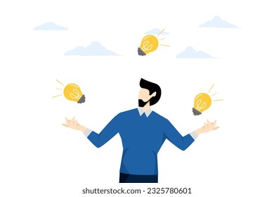 Positive thinking, optimistic mindset or good attitude to succeed in work, always get ideas to solve any problem concept, businessman holding idea light bulb. flat vector illustration.