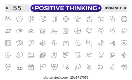 positive thinking outline icon set. Psychology and mental line icons collection. Big UI icon set in a flat design. It contains self-care, optimism, love, a healthy lifestyle and happiness. 
