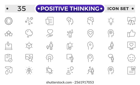 positive thinking outline icon set. Psychology and mental line icons collection. Big UI icon set in a flat design. It contains self-care, optimism, love, a healthy lifestyle and happiness. 
