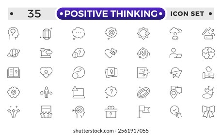 positive thinking outline icon set. Psychology and mental line icons collection. Big UI icon set in a flat design. It contains self-care, optimism, love, a healthy lifestyle and happiness. 
