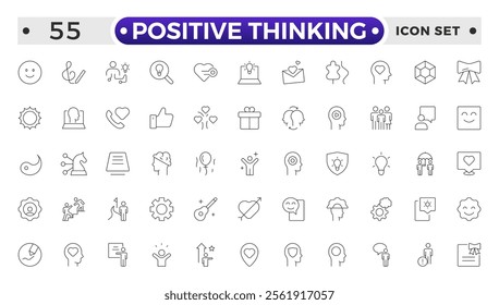 positive thinking outline icon set. Psychology and mental line icons collection. Big UI icon set in a flat design. It contains self-care, optimism, love, a healthy lifestyle and happiness. 
