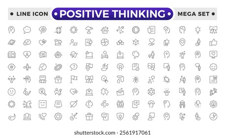 positive thinking outline icon set. Psychology and mental line icons collection. Big UI icon set in a flat design. It contains self-care, optimism, love, a healthy lifestyle and happiness. 
