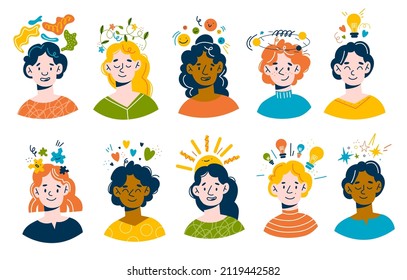 Positive thinking people. Funny young men and women faces with happy emotions, sun and flowers above head, mental health concept, good dreams and imaginations, vector set