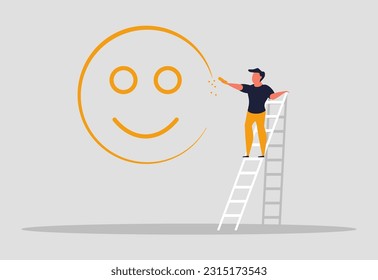 Positive thinking people. Happy and confident people. Optimism in life and life in joy. Happy man paints a smile on the wall. Vector illustration concept