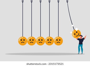 Gente de pensamiento positivo y gente feliz. Las personas optimistas inspiran a otros. Un hombre sostiene un péndulo con una sonrisa para sentir tristes emociones. Ilustración del vector