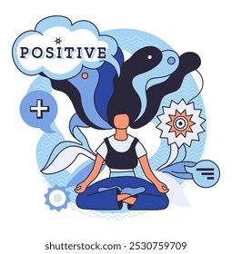 Positive thinking. A person meditates in a serene pose surrounded by abstract shapes and positive symbols. Ideal for mindfulness meditation mental wellness positivity and relaxation themes. A modern