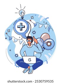 Positive thinking. Person sitting with a laptop, surrounded by balloons and health symbols. Ideal for mindfulness meditation positive thoughts mental health wellness. Gentle illustrative style