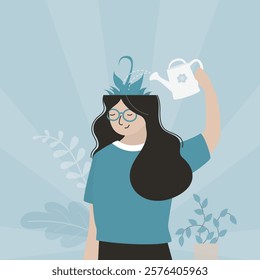 Positive thinking. Personal change. Thinking girl. Mindset development. Young woman watering flowers on her head. Mental health and well being. Emotional stability and good mood. vector illustration