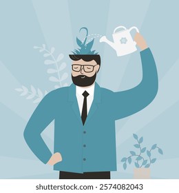 Positive thinking. Personal change. Thinking guy. Mindset development. Young man watering flowers on his head. Mental health and well being. Emotional stability and good mood. flat vector illustration