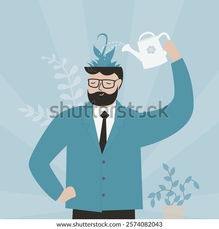 Positive thinking. Personal change. Thinking guy. Mindset development. Young man watering flowers on his head. Mental health and well being. Emotional stability and good mood. flat vector illustration