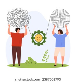 Positive thinking and problem solving approach, change thoughts and mood, behavior in life for better vector illustration. Cartoon tiny people holding balls of threads in strong chaos and order