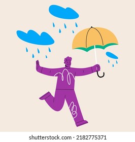 Positive thinking, protection from depression or anxiety, man wellbeing and lifestyle concept,  young adult happy man  holding umbrella dancing in the raining cloud. Vector illustration