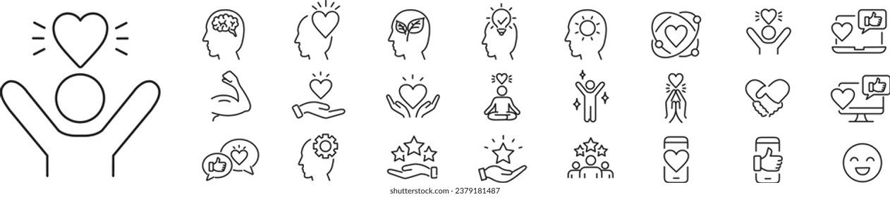 Positive thinking Psychology Friendship Partnership Peace Charity editable stroke line icons collection vector