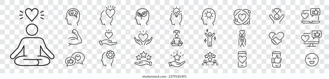 Positive thinking Psychology Friendship Partnership Peace Charity editable stroke line icons collection vector