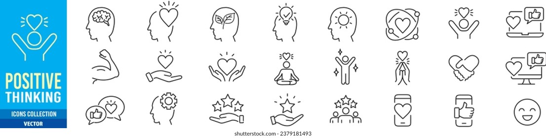 Positive thinking Psychology Friendship Partnership Peace Charity editable stroke line icons collection vector