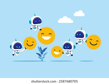 Positive thinking robots. Modern vector illustration in flat style