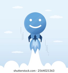 Positive thinking rocket flying in sky. Starting a business with a positive mindset. Good mood. Boost your mood. Emoji with a rocket engine takes off quickly. Mental health. flat vector illustration