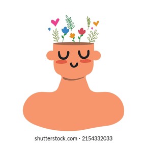 Positive thinking, self-care, slow and healthy life. Wellness, wellness mind. Acceptance, flowering brain abstract illustration