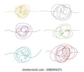 Positive thinking. Set of tangled tangle of doodle line art. Abstract hand drawn flourish pens. Chaotic scribble knot. A sketch of the shape of chaos. Collection vector illustration of twisted wires. - Shutterstock ID 2080496371