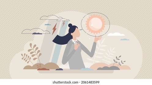 Positive thinking skill and happy mindset or brain attitude tiny person concept. Joyful emotions about surroundings despite negative factors vector illustration. Mental wellness power and inner peace.